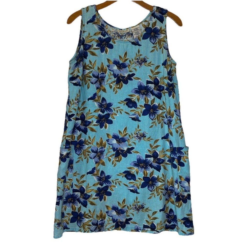 Vtg Y2K White Stag Shift Dress Medium Linen Blend Blue Floral Front Pockets 90's
